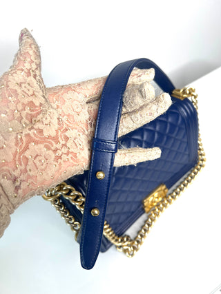 Chanel Medium Boy Bag Navy Blue Quilted Lambskin Leather Gold Tone Hardware Shoulder Bag