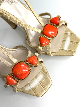 Christian Dior Croc-Effect & Orange Jewel Sandals – Size 36 / UK 3