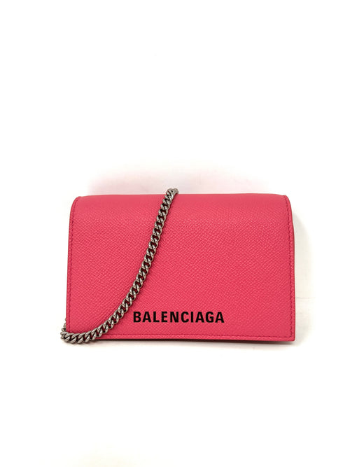 pink balenciaga leather wallet on chain