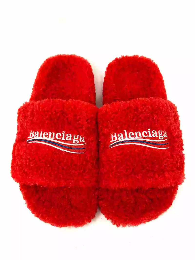 Balenciaga Furry Slipper Red Faux Shearling Logo Flat Mule Sandals 41 UK 8