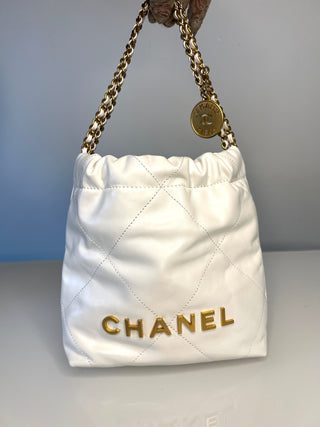 Chanel 22 Mini White Calfskin Bucket Hobo Crossbody Bag
