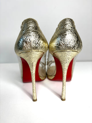 Pre-loved Christian Louboutin Hargaret 120 Gold PVC Heels small fit 38 UK5