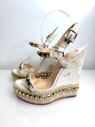 Christian Louboutin Cataclou White/Light Gold Wedge Sandals 36 UK3