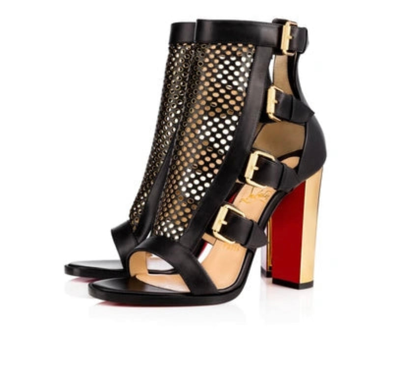 black caged booties with back zip fastening and signature red soles
