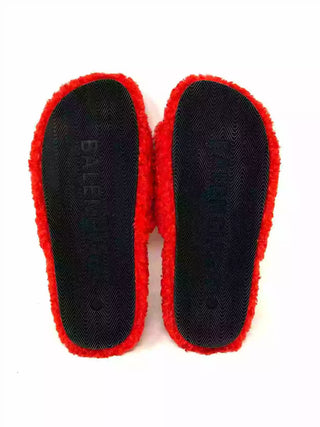 Balenciaga Furry Slipper Red Faux Shearling Logo Flat Mule Sandals 41 UK 8