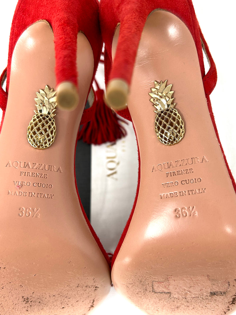 Aquazzura Red Suede Fringed Tassel Heels Sandals