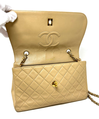 Chanel Beige Quilted Leather CC Logo Flap Shoulder Bag 24K Gold Plated