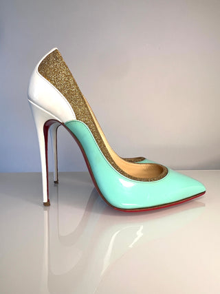 Christian Louboutin Tucsick Turquoise White Gold glitter heels