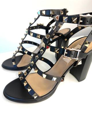 Valentino Garavani Rockstud 90 Black Leather Block Heel Sandals 37 UK4