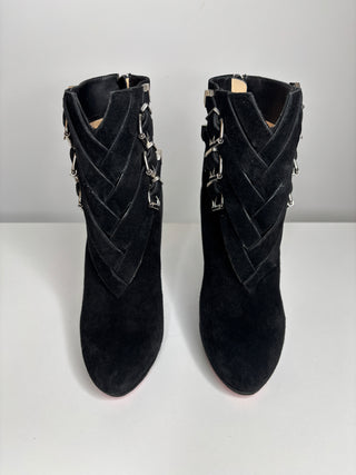 Christian Louboutin Troop 100 Black Suede Buckle Ankle Boots 37.5 UK4.5