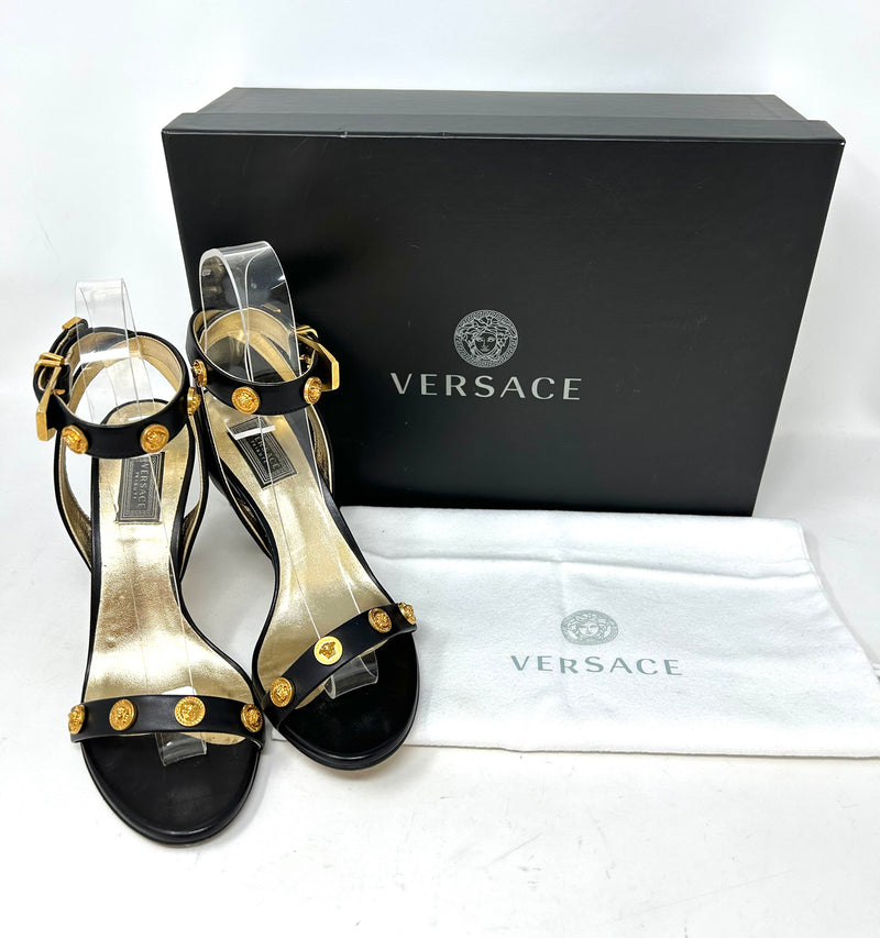 Versace Black Leather Medusa Medal Studded Heel Sandals