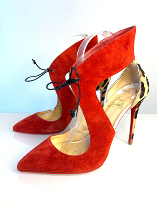 Christian Louboutin Ferme Rouge 100 Red Suede Leopard Print Heels – Size 39 UK 6