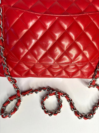 Chanel Jumbo Red Lambskin Classic Single Flap Shoulder Bag - Preloved