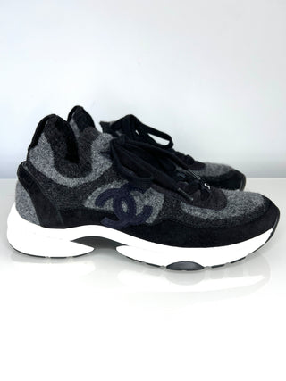 Chanel Preloved Grey Fabric Black Suede Sneakers Trainers 38.5 UK5.5