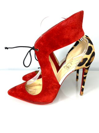 Christian Louboutin Ferme Rouge 100 Rougissime Red Leopard Suede Heels  38.5 UK5.5