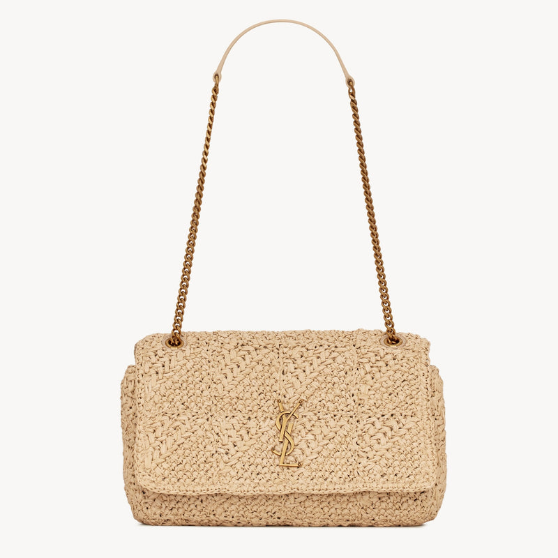 Saint Laurent YSL Logo Embellished Raffia Flap Bag