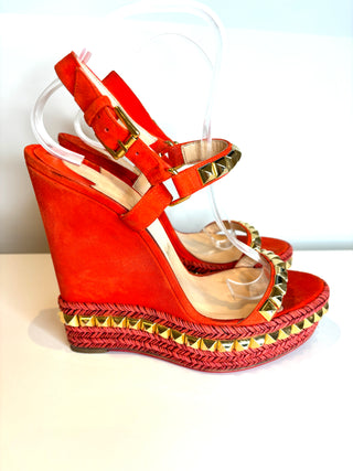 Christian Louboutin Cataclou Suede Orange Gold Studded Wedge Sandals 40 UK7