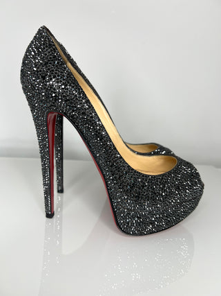 Christian Louboutin Lady Peep Grey/Black Strass Crystal Peep-Toe Platform Heels 38.5 UK5.5