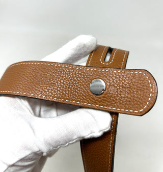 Hermes Brown Leather White Stitching Silver Button Belt 95