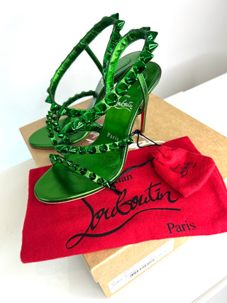 Christian Louboutin Spikita Strap 100 Green Leather Sandals 38.5 UK5.5