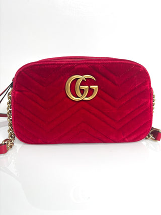 Gucci GG Marmont Matelasse Red Velvet Camera Shoulder Bag