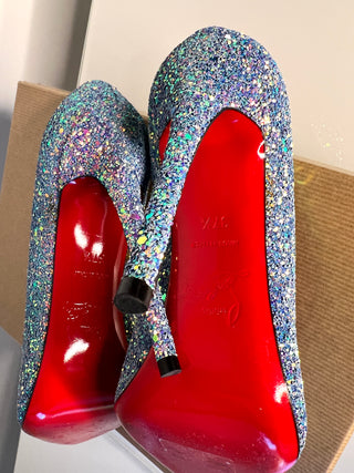Christian Louboutin So Kate 120 Etincelle Blue Glitter Dragonfly Heels 37.5 UK4.5