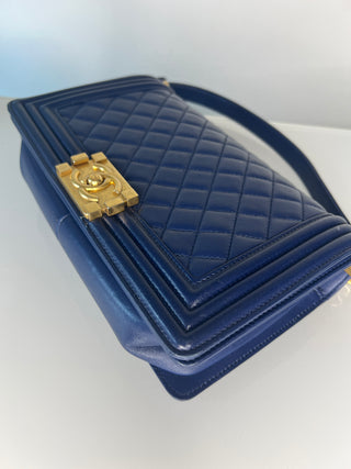 Chanel Medium Boy Bag Navy Blue Quilted Lambskin Leather Gold Tone Hardware Shoulder Bag