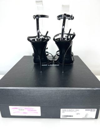 Saint Laurent Cassandra YSL Logo Black Patent Leather Sandals 37.5 UK4.5