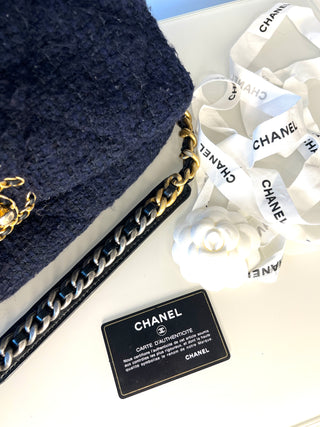 Chanel 19 Navy Tweed Large Flap Shoulder Bag