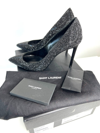 Saint Laurent Anja Black Swarovski Crystal Pumps Heels 38.5 UK5.5