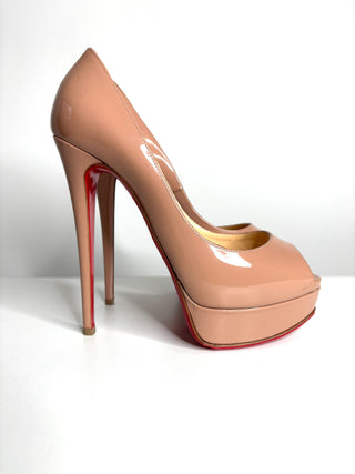 Christian Louboutin Lady Peep 150 Nude Patent Platform Heels 39.5 UK6.5