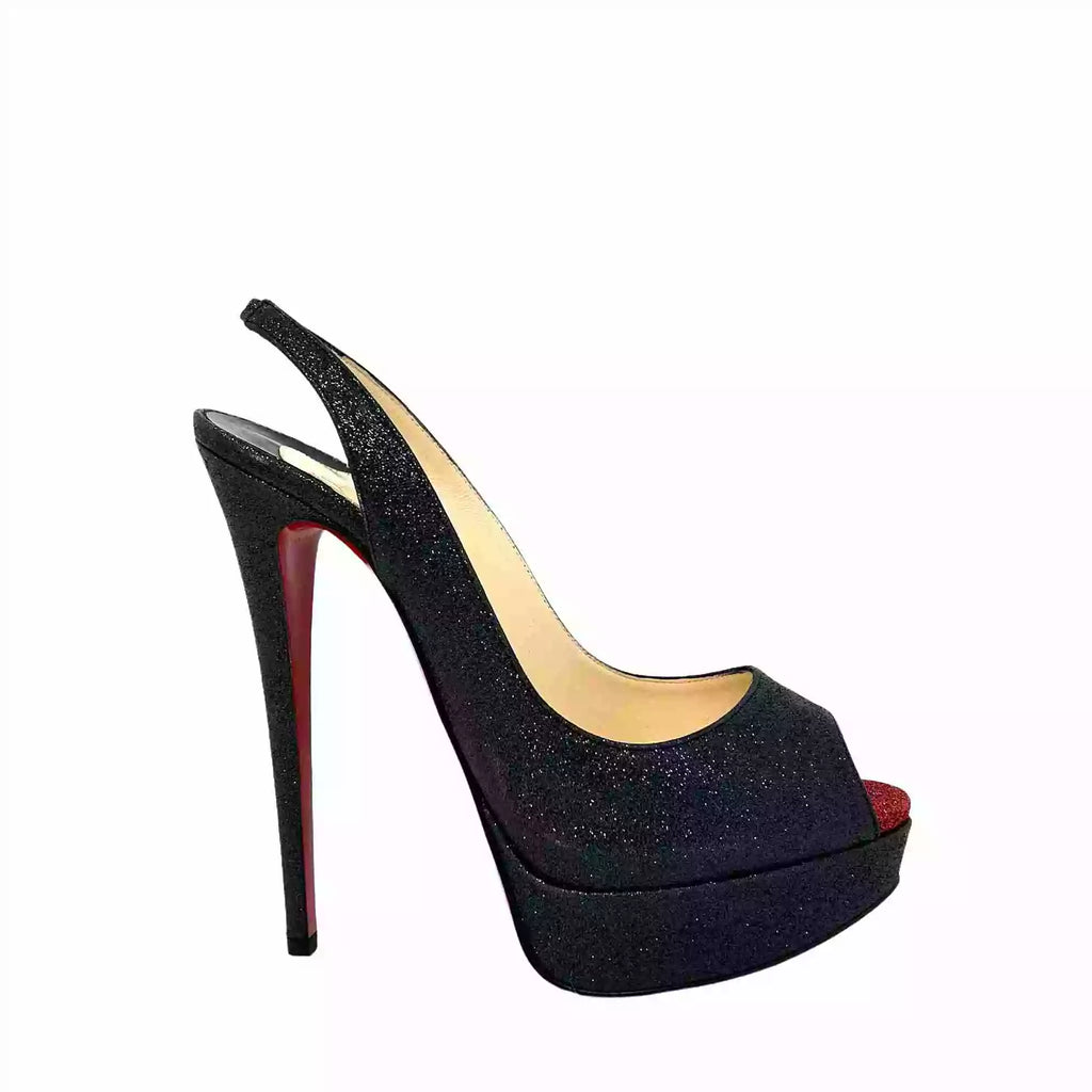 Christian Louboutin Lady Peep 150 Black Glitter Slingback Platform Hee High Heel Hierarchy