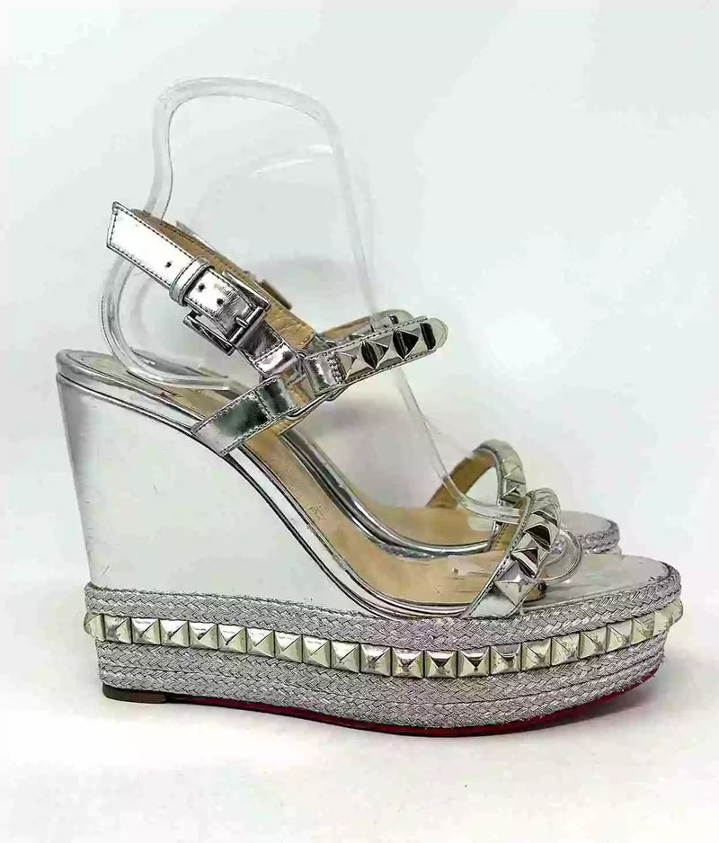 Christian Louboutin Pyraclou Silver Leather Pyramid Studded Wedge Sandals Small Fit 41 UK 8