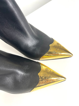 Christian Louboutin Calamijane Booty 120 Black Leather & Gold Metal Toe Ankle Boots – Size 37.5 / UK 4.5