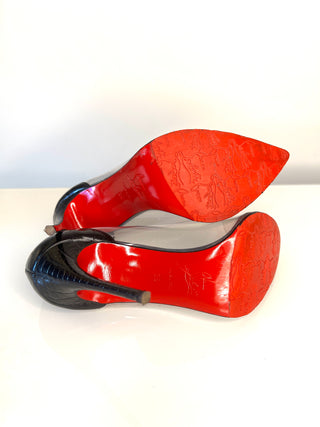 Christian Louboutin Debout 100 Black Croc-Embossed Leather & PVC Pumps – Size 38 / UK 5 – VERY SMALL FIT Fits Approx. 36.5 / UK 3.5