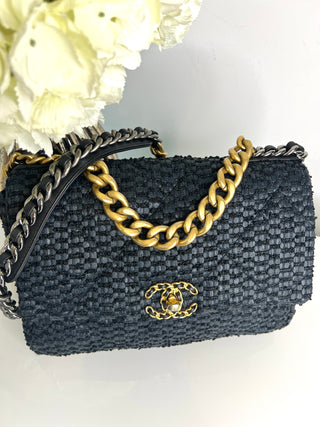 Chanel Preloved Large Chanel 19 Navy Raffia Tweed Flap Bag