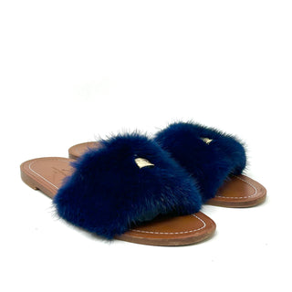 Louis Vuitton Brown Leather Dark Blue Mink Fur Slides