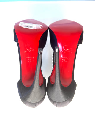 Christian Louboutin Krystal Cross 100 Black Satin Heels 38.5 UK5.5