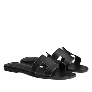 Hermes Black Leather H Cut Out Flat Slide Sandals