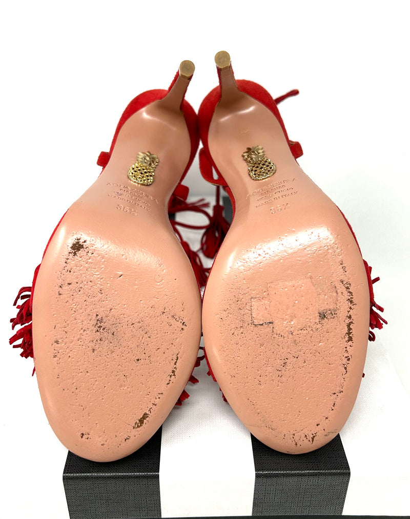 Aquazzura Red Suede Fringed Tassel Heels Sandals