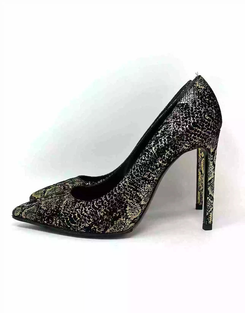 Yves Saint Laurent Black Gold Snake Print Suede Pump Heels 37 UK 4