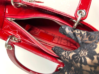 Dior Pre-Loved Lady Dior Medium Deep Red/Burgundy Patent Leather Bag