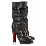 Christian Louboutin Black Leather Python Mid Calf Boots