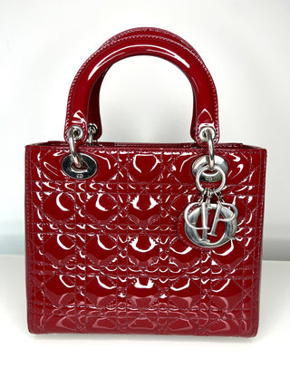 Dior Pre-Loved Lady Dior Medium Deep Red/Burgundy Patent Leather Bag
