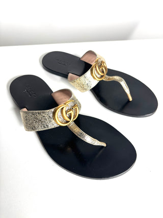 Gucci Marmont GG Gold Leather Thong Sandals 36.5 UK3.5