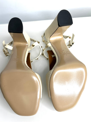 Valentino Garavani Rockstud Block Heel Ivory Leather Slingback Sandals 38 UK5