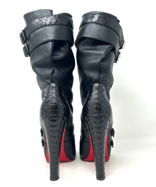 Christian Louboutin Loubi Bike 140 Black Leather Python Mid Calf Boots 40 UK 7