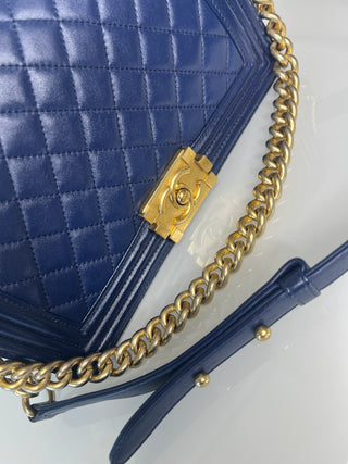 Chanel Medium Boy Bag Navy Blue Quilted Lambskin Leather Gold Tone Hardware Shoulder Bag