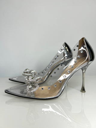Mach & Mach Double Bow Silver PVC Crystal Embellished Heels 41 UK8