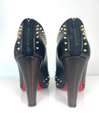 Christian Louboutin Carapachoc 100 Spike Black Leather Peep-Toe Ankle Boots 38.5 UK5.5